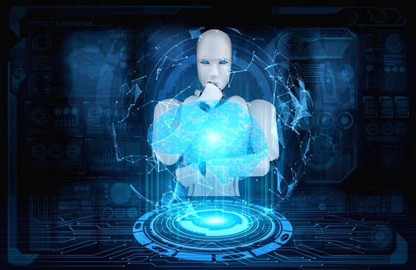 Thinking AI humanoid robot analyzing hologram screen showing concept of AI brain and artificial intelligence thinking by machine learning process. 3D illustration.