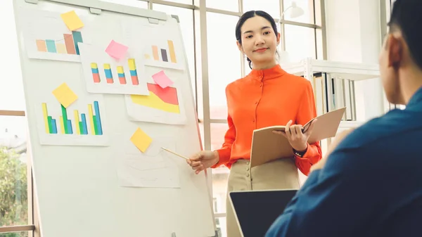 Young Woman Explains Business Data White Board Casual Office Room — Stock Photo, Image