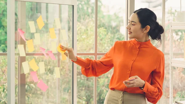 İş adamları ofisteki proje planlama kurulunda çalışıyor ve proje gelişimini analiz etmek için iş arkadaşlarıyla sohbet ediyorlar. Düzenli olması için cam duvara yapıştırılmış yapışkan notlar kullanıyorlar. .