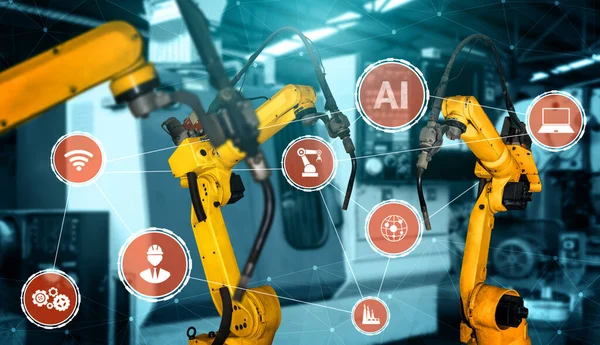 Slimme Industriële Robotarmen Voor Digitale Fabriekstechnologie Met Automatiseringsproces Van Industrie — Stockfoto