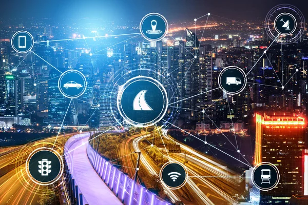 Smart transport technology concept for future car traffic on road . Virtual intelligent system makes digital information analysis to connect data of vehicle on city street . Futuristic innovation .