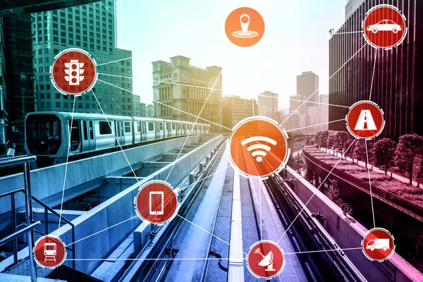 Smart transport technology concept for future car traffic on road . Virtual intelligent system makes digital information analysis to connect data of vehicle on city street . Futuristic innovation .