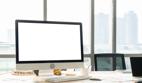 Empty Computer Monitor Screen Design Mock Template Modern Small Office — Stock Photo, Image