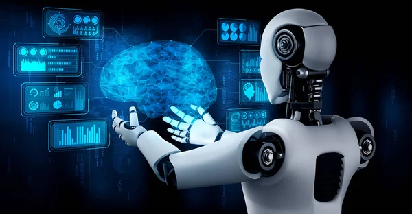 人工智能人形机器人通过机器学习过程 通过虚拟全息图屏幕显示人工智能脑和人工智能思维的概念 3D插图 — 图库照片