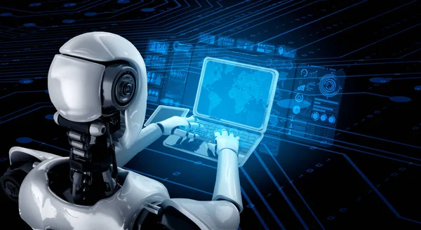 Robot Humanoid Use Laptop Sit Table Big Data Analytic Using — Stock Photo, Image