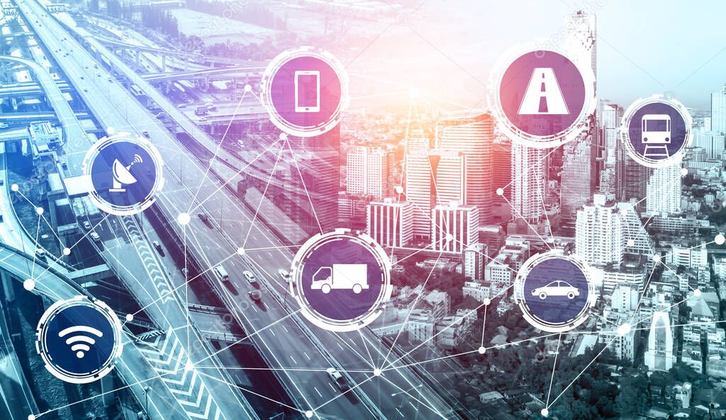 Smart transport technology concept for future car traffic on road . Virtual intelligent system makes digital information analysis to connect data of vehicle on city street . Futuristic innovation .