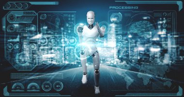 Hızlı hareket eden robot insanımsı çalışma ve yapay zekanın yapay zeka ve yapay zekanın gelişiminde gelecekteki yenilikçi enerji kavramı makine öğrenmesiyle ortaya çıkıyor. 3B illüstrasyon.