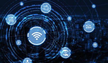 Modern yaratıcı iletişim ve internet ağı akıllı şehirde birleşir. 5G kablosuz dijital bağlantı ve gelecekteki şeylerin interneti kavramı.