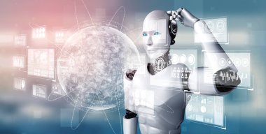 Yapay zeka robotunun hologram ekranı analiz etmesi, makine öğrenme süreciyle yapay zeka kullanarak küresel ağ iletişimi kavramını gösteriyor. 3B illüstrasyon bilgisayar grafiği.