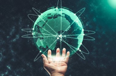 Modern yaratıcı iletişim ve internet ağı akıllı şehirde birleşir. 5G kablosuz dijital bağlantı ve gelecekteki şeylerin interneti kavramı.
