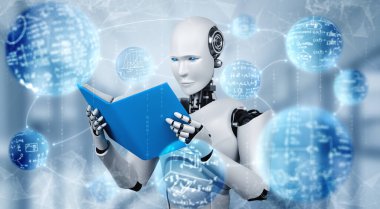 Gelecekteki yapay zeka konsepti ve 4. endüstriyel devrim konseptiyle ilgili 3 boyutlu insansı robot okuma kitabı. .
