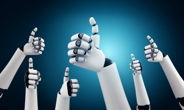 Robot insansı eller, yapay zeka düşünme ve makine öğrenme sürecini kullanarak 4. Sanayi Devrimi 'nde başarıya ulaşan hedefleri kutlamak için ellerini kaldırsın. 3B illüstrasyon.