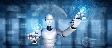 Yapay zeka robotu sanal sanal sanal sanal sanal sanal ekrana dokunuyor. Makine öğrenme sürecinde yapay zeka kullanarak büyük veri analitiği kavramını gösteriyor. 3B illüstrasyon.