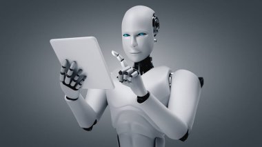 Gelecekteki ofiste yapay zeka, yapay zeka ve makine öğrenme sürecini kullanırken tablet bilgisayar kullanan robot insanımsı. 4. Sanayi Devrimi 3 boyutlu illüstrasyon.