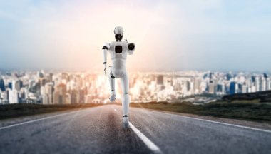 Hızlı hareket eden robot insanımsı çalışma ve yapay zekanın yapay zeka ve yapay zekanın gelişiminde gelecekteki yenilikçi enerji kavramı makine öğrenmesiyle ortaya çıkıyor. 3B illüstrasyon.