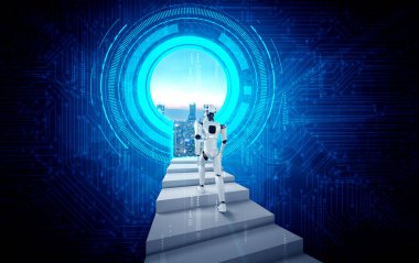 3 boyutlu robot insansı başarıya ve hedefe ulaşmak için merdivenlerden yukarı çıkıyor. Dördüncü endüstriyel devrim için beyin ve makine öğrenme süreci kavramı .