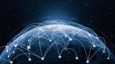 3 boyutlu illüstrasyon modern yaratıcı iletişim ve internet ağ haritası akıllı şehirde bağlanıyor. Uluslararası 5G kablosuz dijital bağlantı kavramı ve gelecekteki şeylerin interneti.