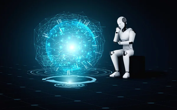Pensando Robô Humanoide Analisando Tela Holográfica Mostra Conceito Rede Comunicação — Fotografia de Stock