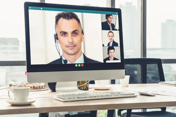 Chamada Vídeo Reunião Pessoas Negócios Local Trabalho Virtual Escritório Remoto — Fotografia de Stock