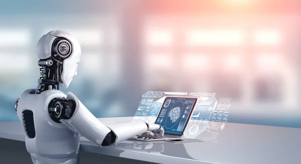 Robot Umanoidi Usano Laptop Siedono Tavola Analisi Dei Big Data — Foto Stock