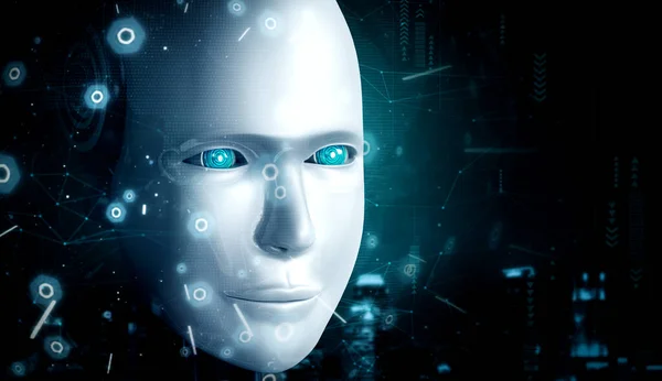 Robot humanoid face close up with graphic concept of AI thinking brain , artificial intelligence and machine learning process for the 4th fourth industrial revolution. 3D rendering