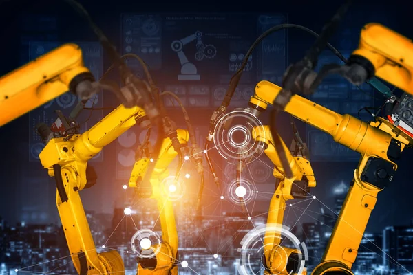 Inteligentne Przemysłowe Ramiona Robotów Cyfrowej Technologii Produkcji Fabrycznej Pokazujące Proces — Zdjęcie stockowe