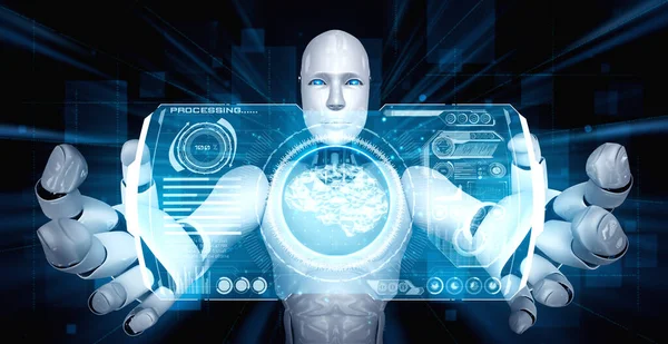 Robot Humanoide Con Pantalla Holograma Virtual Que Muestra Concepto Cerebro — Foto de Stock