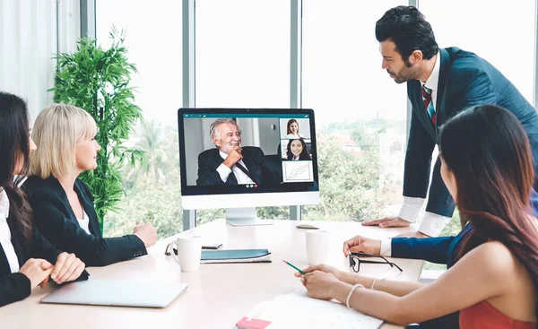 Grupo Chamadas Vídeo Reunião Empresários Local Trabalho Virtual Escritório Remoto — Fotografia de Stock