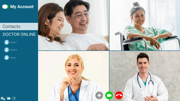 Doctor and patient talking on video call for telemedicine service . Online health care application in cropped zoom view of computer screen . Medical technology concept .