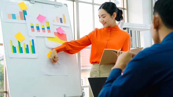 Young Woman Explains Business Data White Board Casual Office Room — Stock Photo, Image