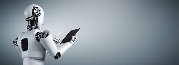 Robot Humanoid Med Hjälp Surfplatta Dator Framtida Kontor Samtidigt Som — Stockfoto