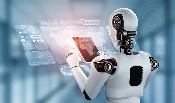 Робот гуманоїд з використанням планшетного комп'ютера для глобального з'єднання з мережею — стокове фото