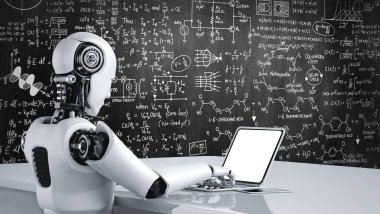 Robot insanımsı dizüstü bilgisayar kullanıyor ve mühendislik bilimi okumak için masada oturuyor.