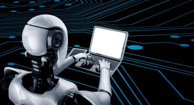 Robot insanımsı dizüstü bilgisayarı kullanın ve gelecekteki ofiste masaya oturun.