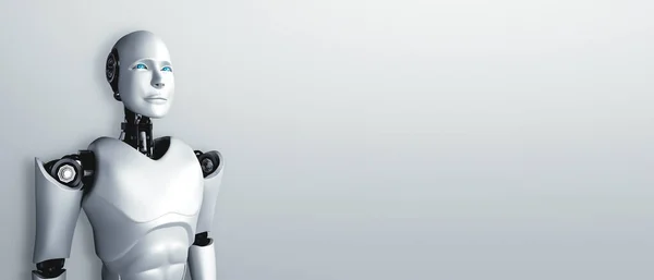 Stojący humanoidalny robot patrzący w przyszłość na czyste tło — Zdjęcie stockowe