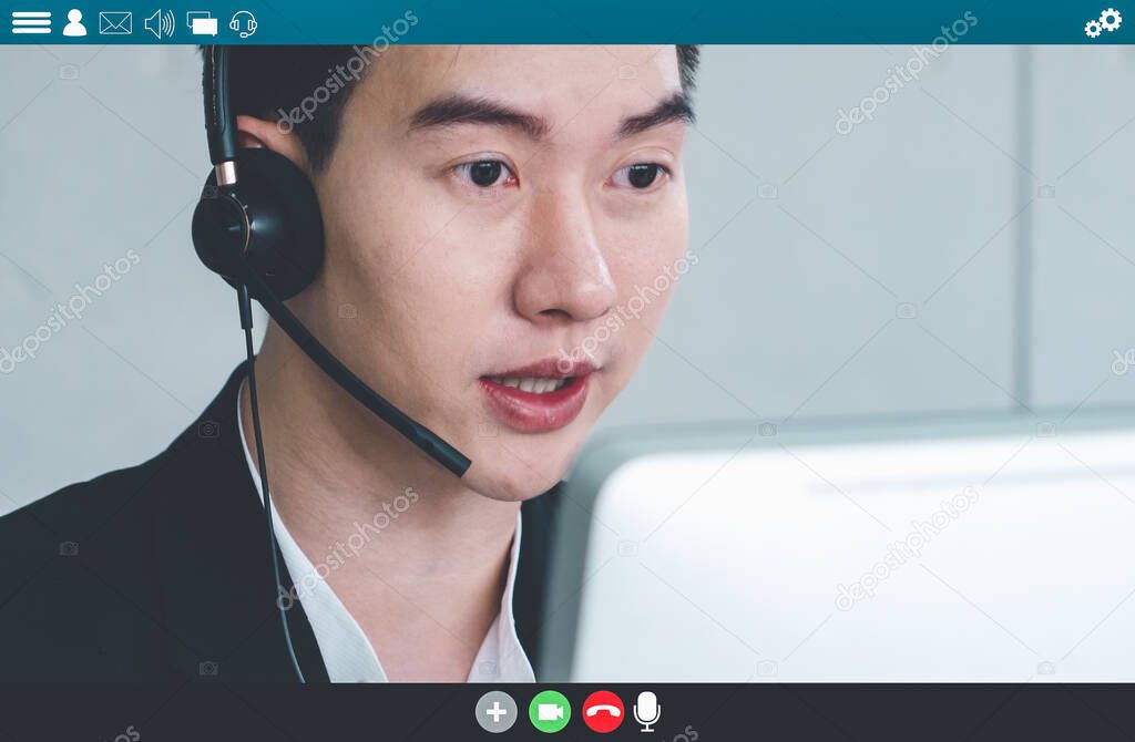 Business people meeting in video conference app on laptop monitor view