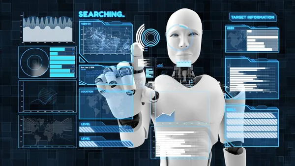 Robot futuristico, intelligenza artificiale CGI big data analytics e programmazione — Foto Stock