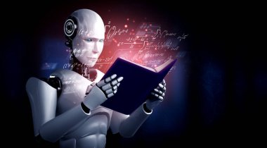 Robot insansı kitap okuma ve matematik çözmenin 3 boyutlu çizimi