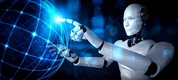 AI humanoid robot vidröra hologram skärm visar begreppet global kommunikation — Stockfoto