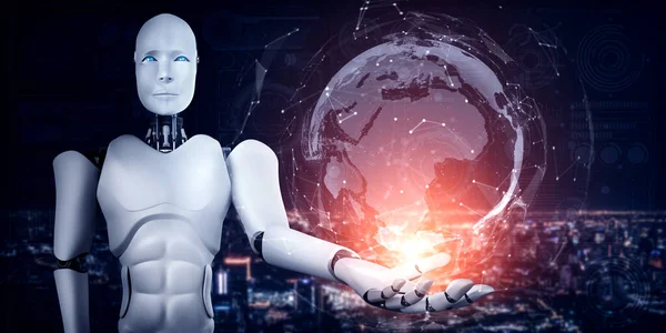 Al humanoid robot gospodarstwa hologram ekran pokazuje koncepcję globalnej komunikacji — Zdjęcie stockowe