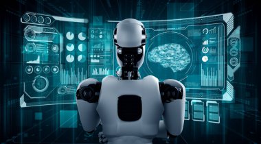 Yapay zeka robotunun hologram ekranını analiz ederek büyük veriler gösterdiğini düşünüyorum.