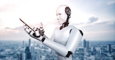 Robot insanımsı gelecekteki ofiste cep telefonu veya tablet kullan