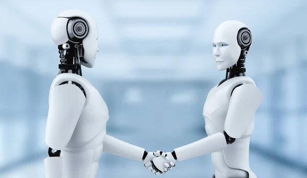 3D rendering humanoid robot handshake to collaborate future technology