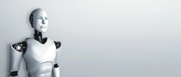 Staande humanoïde robot kijkt vooruit op schone achtergrond — Stockfoto