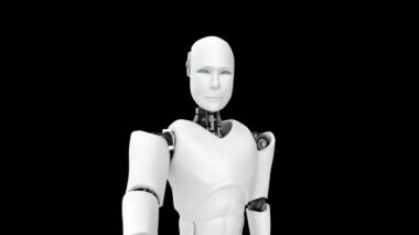 Gelecekçi robot, yapay zeka CGI siyah ve yeşil arka plan üzerinde çalışıyor. Robot Adam 3D canlandırma .