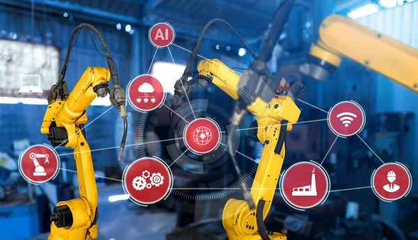 Inteligentne przemysłowe ramiona robotów do cyfrowej technologii produkcji fabrycznej — Zdjęcie stockowe