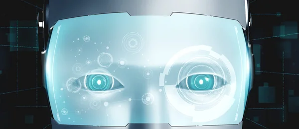 AI思考脳のグラフィックコンセプトで人型ロボットの顔を間近で見る — ストック写真