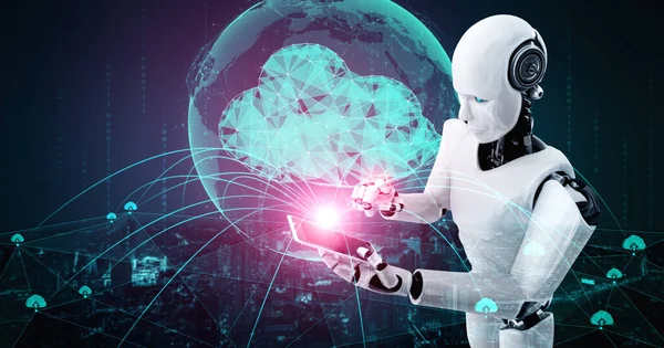 AI robot používající technologii cloud computing k ukládání dat na online server — Stock fotografie