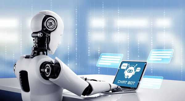 Robô AI usando o computador para conversar com o cliente. Conceito de bot chat — Fotografia de Stock