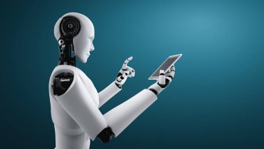 Robot insanımsı gelecekteki ofiste cep telefonu veya tablet kullan